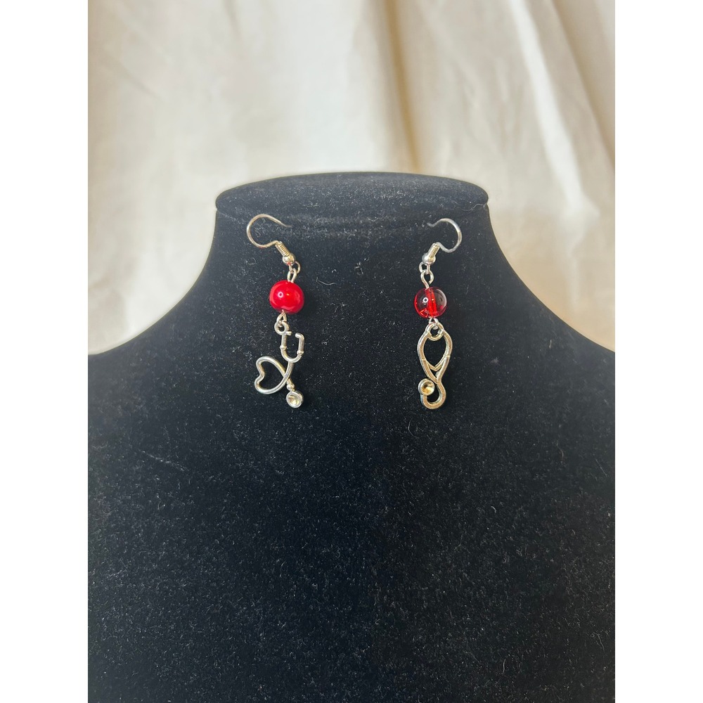 Stethoscope Earrings Red Bead Silver Tone Medical Doctor‎ Nurse Gift